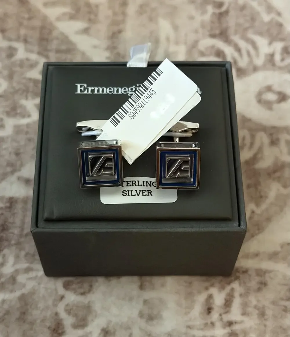$750 NIB Ermenegildo Zegna Enamel & Sterling Silver Square Monogram Cufflinks